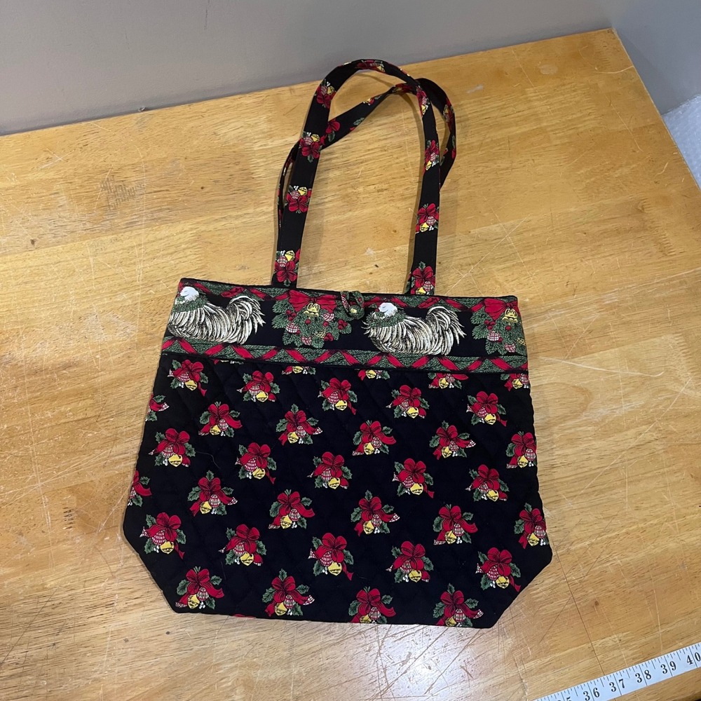 Vtg Vera Bradley Christmas Rooster Quilted Tote Bag Holiday Bells Black Red